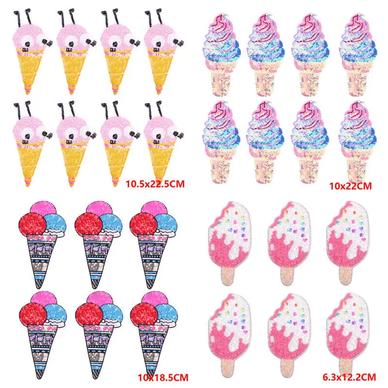 10PCS Wholesale Iron On Patches For Clothing Cartoon Ice Cream Sequin Patches On Clothes Applique Badges DIY Jacket With Sequins