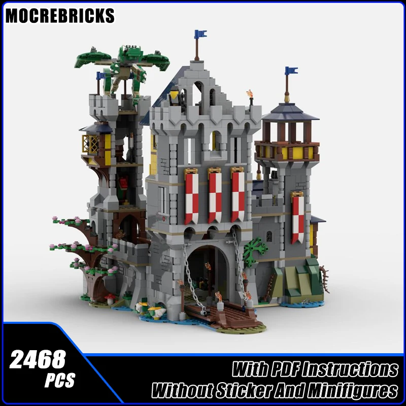 Classic Street View Landscape Medieval Blue Knights Castle Modular Architecture Creative Building Blocks Toys Kids Bricks Gifts