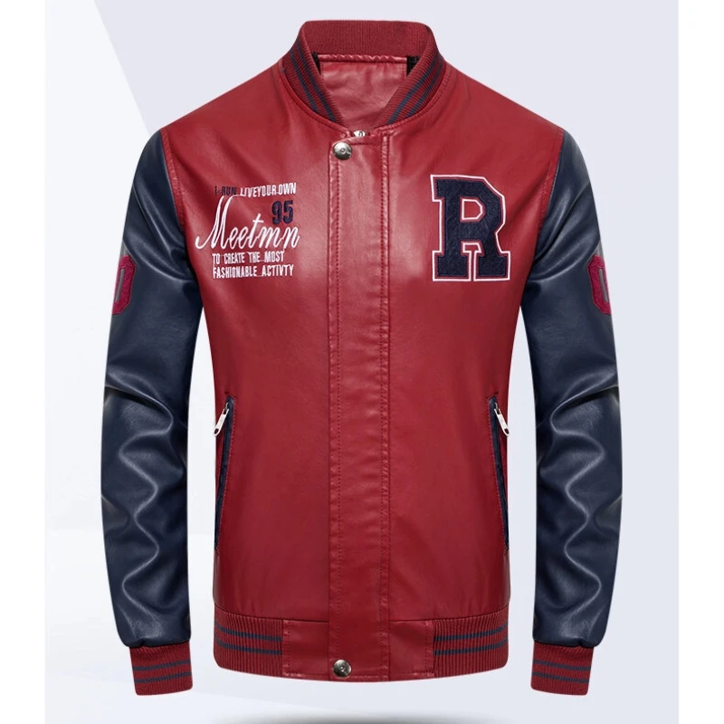 

Американский бейсбольный воротник-пилот, повседневная куртка из искусственной кожи, весенне-осенний мужской мотоциклетный костюм, кожаная куртка, пальто с цветными блоками