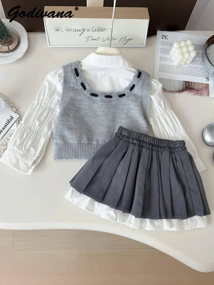 Sweet Little Girls Spring Preppy Style Set Fashion White Blouse Knit Vest Elastic Waist Princess Pleated Skirt Three Piece Set