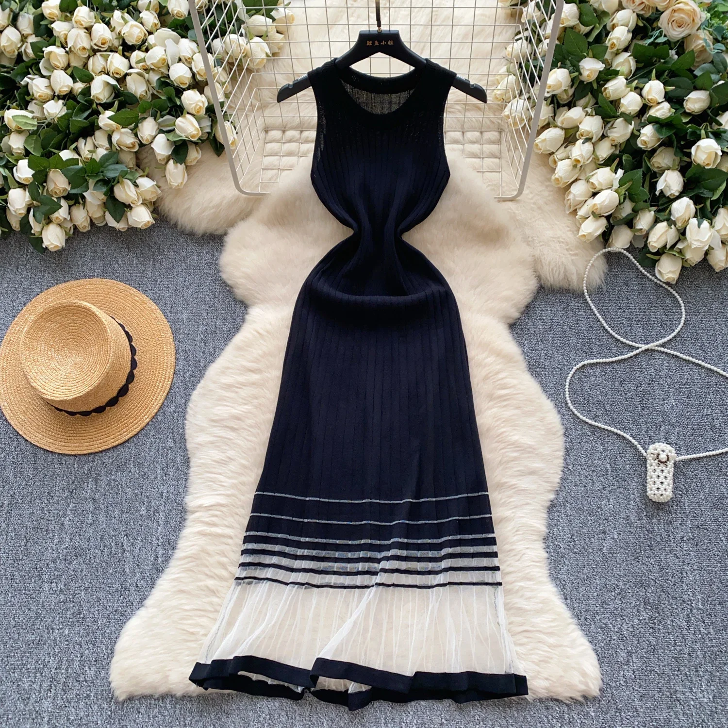 REALEFT ฤดูร้อนตาข่าย Patchwork ผู้หญิงถักชุด 2025 แขนกุด O-คอลําลองหลวมเสื้อ A-Line ชุดยาวหญิง