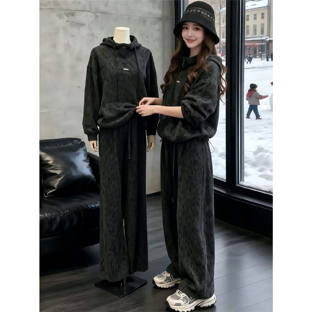 Fashionable Casual Set Women's Spring Autumn Loose Hooded Sweatshirt Wide Leg Pants Two Piece Imitated Cashmere Embroidery 270g