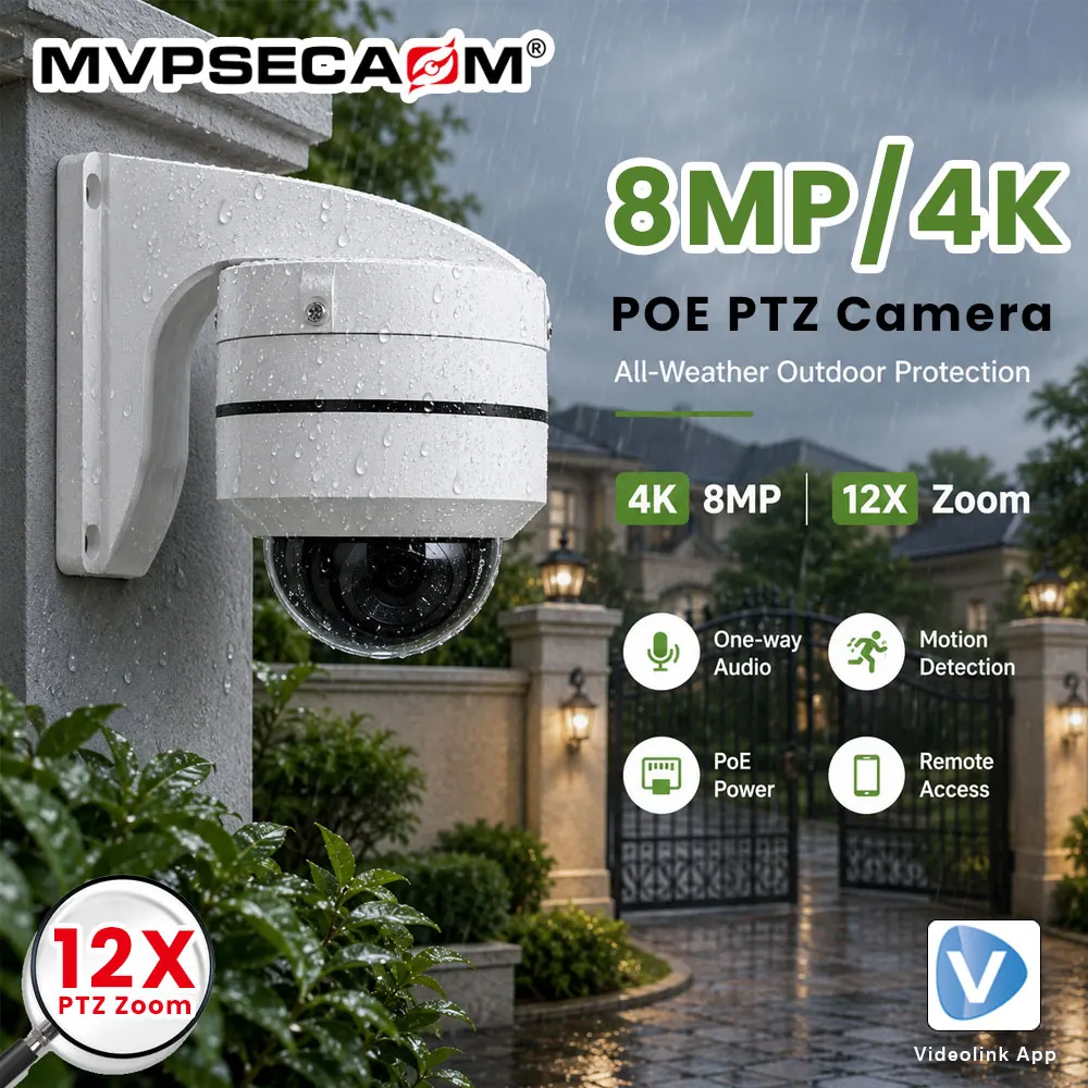 Caméra de surveillance dôme PoE 8MP, résolution 4K, zoom optique 12X, caméra de sécurité PTZ extérieure, étanche IP66, détection de mouvement, surveillance audio, visualisation à distance, vision nocturne, système CCTV réseau ONVIF H265 pour maison, villa, jardin, garage, entrepôt, magasin, ferme