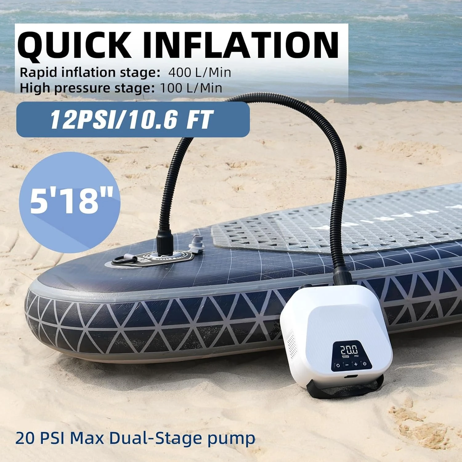 

20PSI High Pressure Smart SUP Air Pump, Rechargeable Battery-Powered, Intelligent Dual Stage Inflation & Deflation