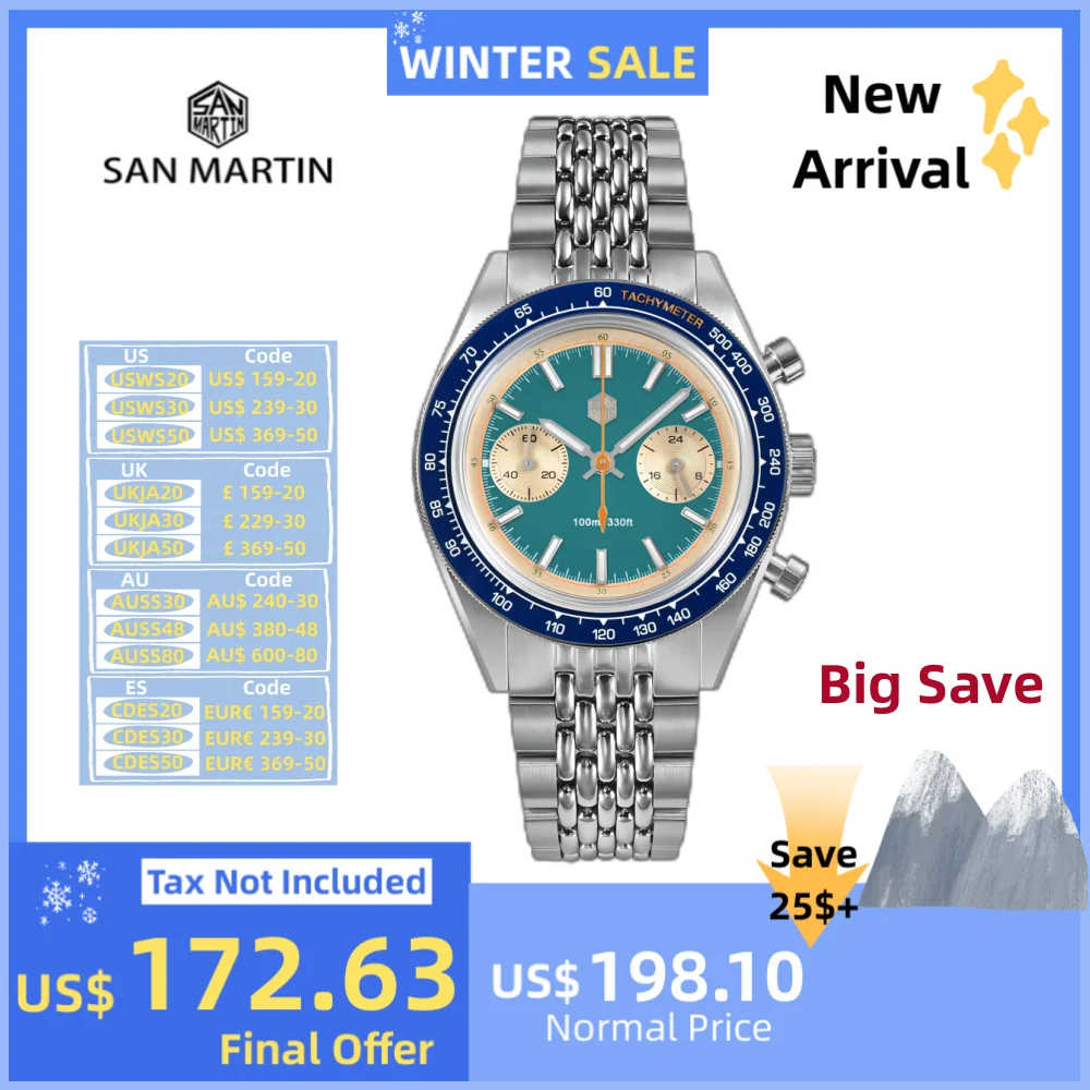 San Martin Chronograph Watch Men\'s Quartz Wristwatch VK64 39.5mm Original Sport Sweep Second Sapphire Waterproof 10Bar SN0116JS