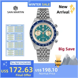 San Martin Chronograph Watch Men's Quartz Wristwatch VK64 39.5mm Original Sport Sweep Second Sapphire Waterproof 10Bar SN0116JS