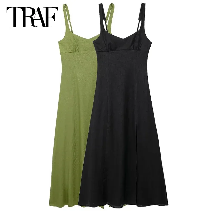 TRAF Women Fashion Summer Dresses 2024 Ruffle Slit Slip Dress Female Sleeveless Backless Dresses Elegant Party Dresses For Women