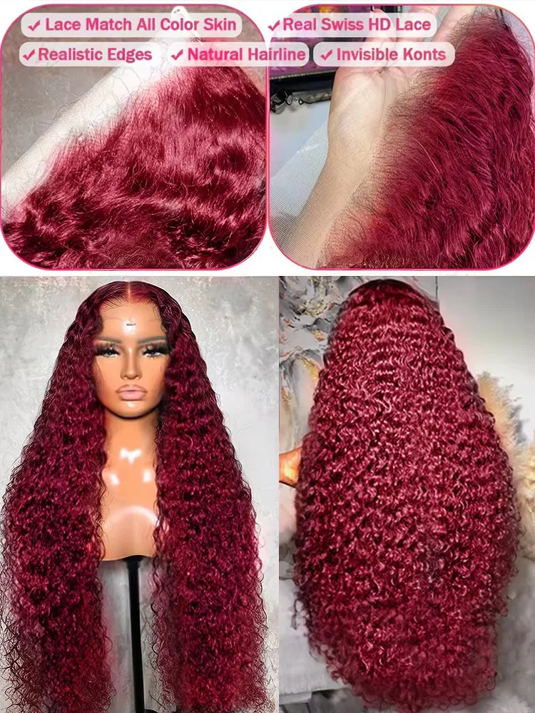 250 Density 13x4 Curly 99J Burgundy Colored Lace Front Wig 30 40 Inch Deep Wave 13x6 HD Lace Frontal Human Hair Wigs For Women