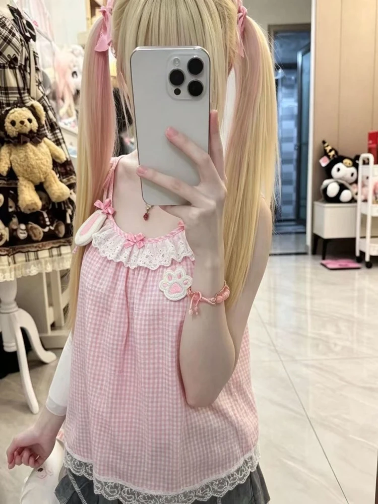 Japanese Summer Girl Sweet Vest Kawaii Cute Bow Pink Plaid Sleeveless Sling Tops Women's Sweet Casual Off Shoulder Camisole New