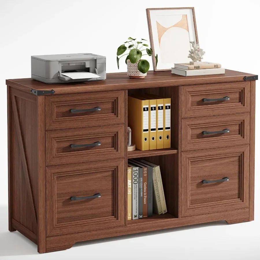 Farmhouse lateral file cabinet for office use, walnut wood, warm brown color, 6-drawer storage with smooth gliding mechanism
