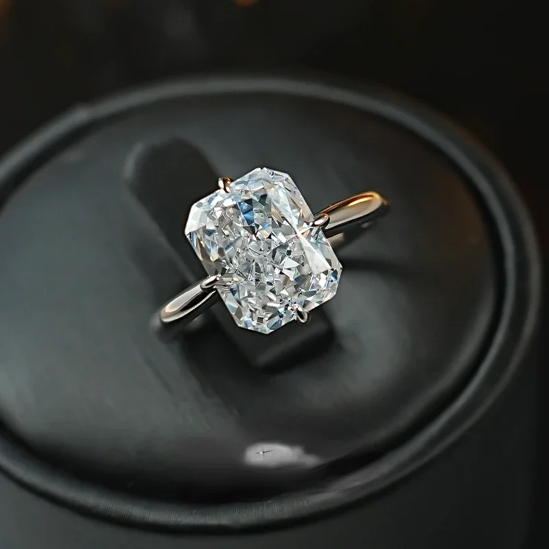 8 * 10 rectangular Redion 925 silver ring set with high carbon diamond daily diamond ring, niche and versatile for women