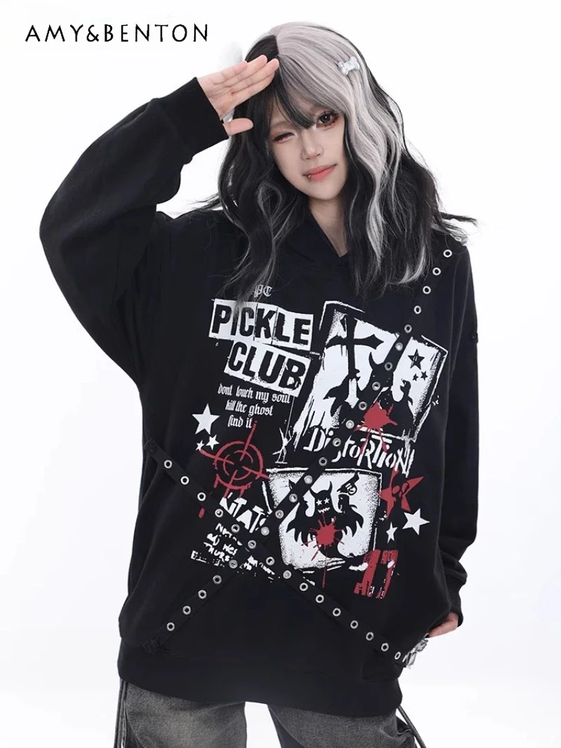 2024 New Japanese Autumn Solid Color Letter Print Hip-hop Sweater Hooded Fashion Trend Top For Women