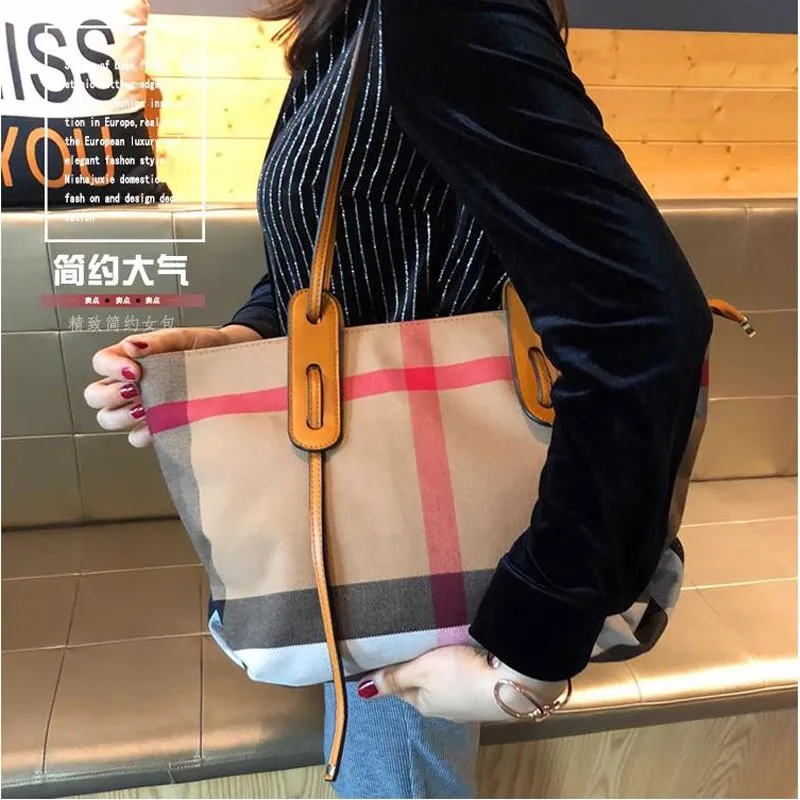 Top-handle Bag Vintage Leisure Commuter Women Big Capacity Tote Bag Luxury Ladies Office Canvas PU Leather Handbag Without Logo