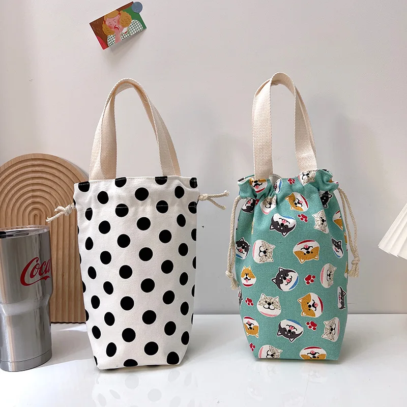 Portable Canvas Water Bottle Bag Case Thermos Pouch Cup Bag Cartoon Pictures Closing Drawstring Storage Bag Handbag