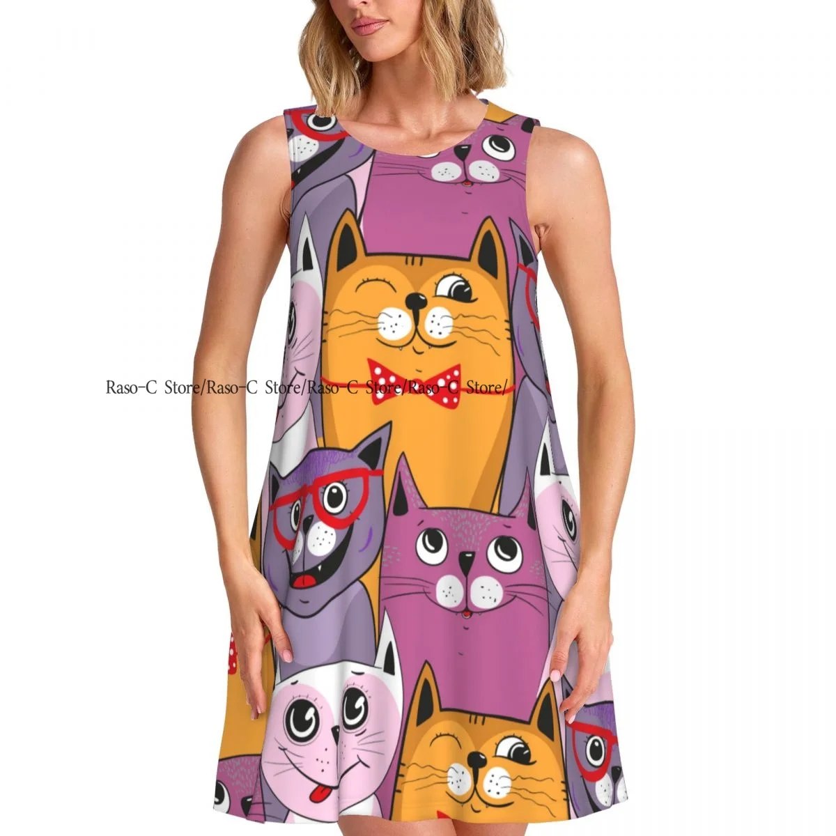 レディースドレスカラフルかわいい猫夏カジュアルTシャツビーチカバーアップタンクドレス