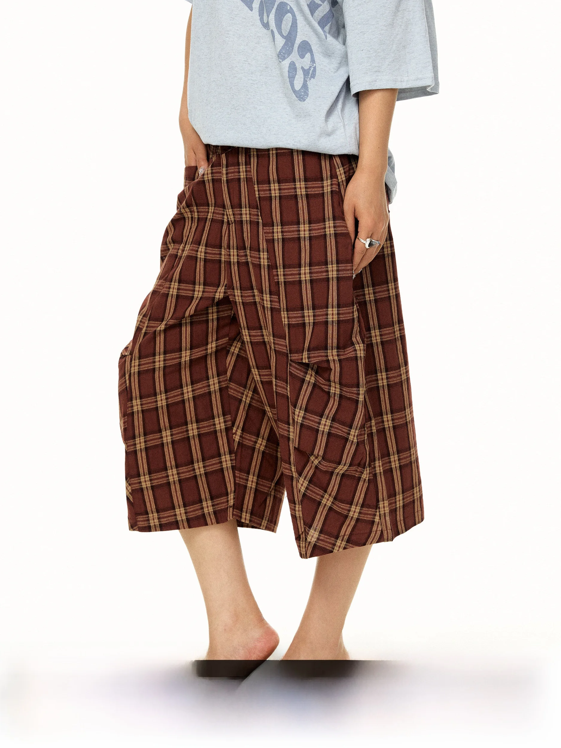 Summer Casual Loose Straight Leg Pants Vintage Style Checkered Wide Leg Trousers Versatile Comfortable Cotton Natural Waist