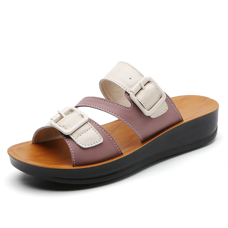 Sandálias femininas leves casuais, salto alto, fundo plano, couro de duas camadas, sapatos de praia ao ar livre, chinelos de verão, 36-45 #, novo