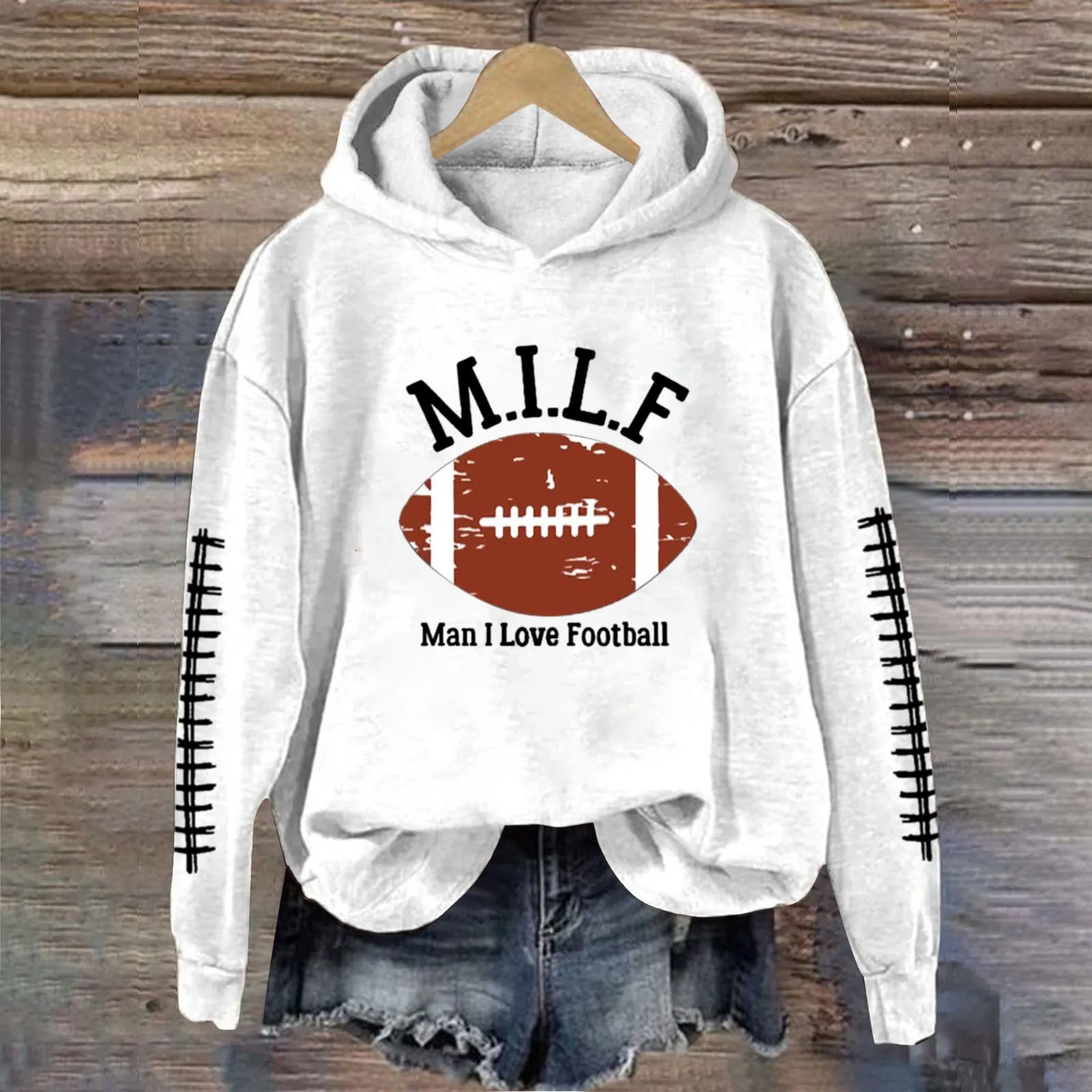 MILF/ Man I Love Football Print Hoodies Football Sweatshirt Long Sleeve Hoodie Autumn Winter Sweatshirt Baseball Pullover Tops