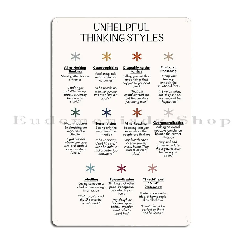 Cbt Unhelpful Thinking Styles Cognitive Distortions Metal Plaque Poster Printing Pub Plates Customize Club Tin Sign Poster