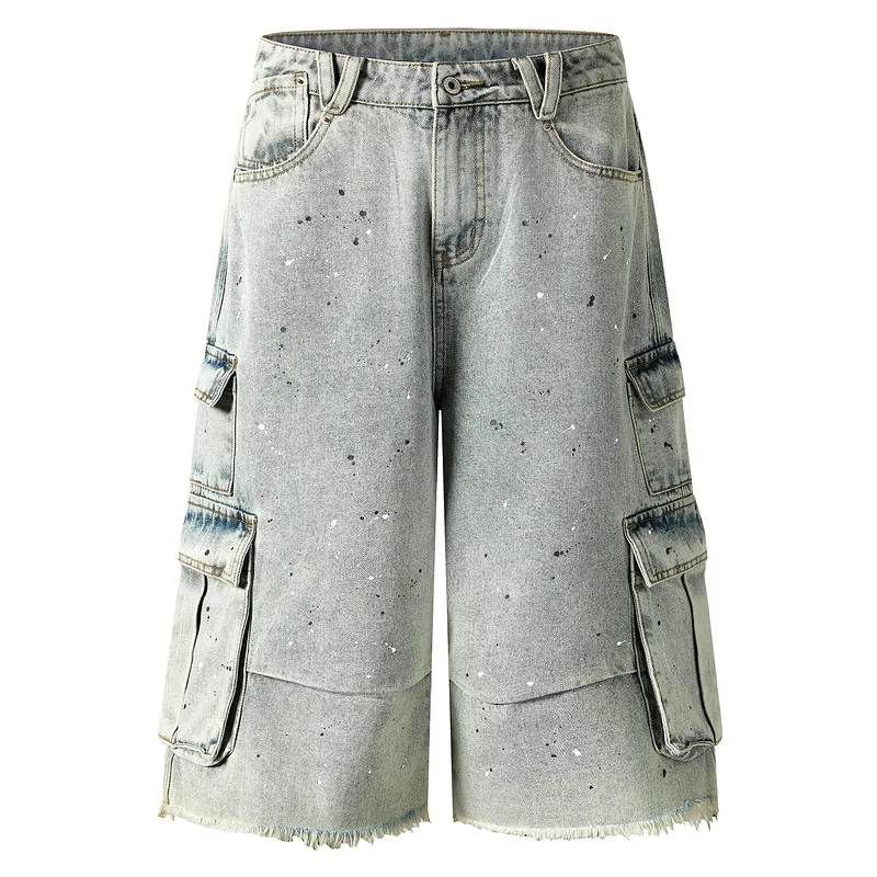 Men's Fashion Painted Short Jeans Loose Fit Washed Vintage Cargo Denim Trousers With Multi Pockets Baggy Printed Jeans