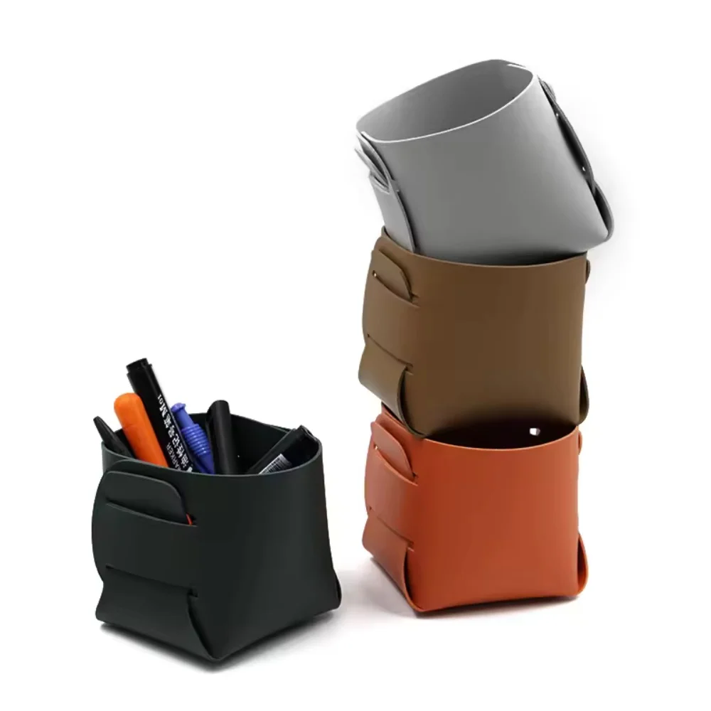 1PC Nordic Makeup Leather PU Storage Pen Holder Desktop Sundry Collapsible Remote Control Sundry Storage Bucket