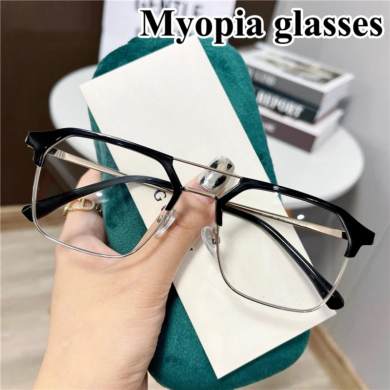 

Square Frame Double Beam Myopia Glasses Anti-blue Light Finished Reading Eyeglasses Women Men Unisex Diopter 0 To -6.0 Goggles