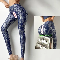 Open Crotch Peach Hip Seamless Leggings Women Outdoor Sex Push Up Gym Sports Trousers Python Print Fitness High Waist Yoga Pants