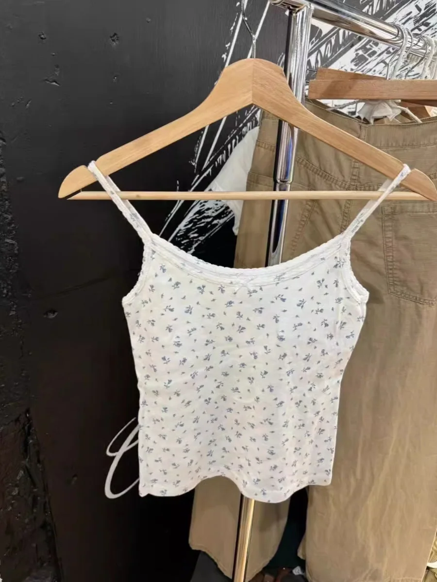 

Blue Floral Eyelet Slim Tank Tops Women Summer Bow Lace Trim Sexy Sleeveless White Camisoles Vests Casual Sweet Cotton Crop Top