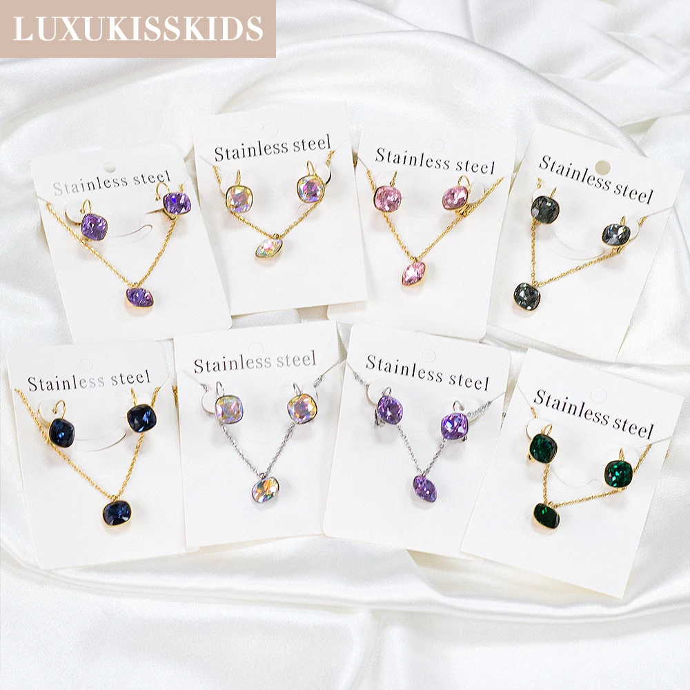 LUXUKISSKIDS Sqaure Cubic Zirconia Jewellery Sets Trendy Geomtric Multi-Colorful Shiny Crystal Necklace Earrings Set Wholesale