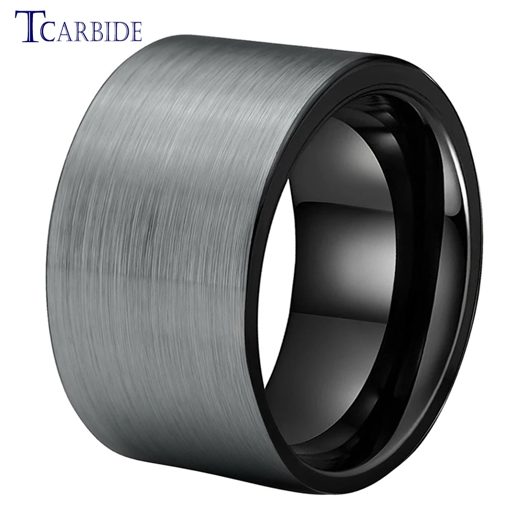 12MM Big Men Black Tungsten Carbide Finger Ring Flat Band Brush Finish Wedding Gift Jewelry Comfort Fit