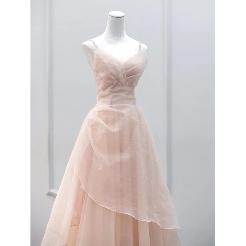 Sweet V-neck Spaghetti Strap Evening  Simple Pink Princess Prom Gown Noble Shinning Fairy Ceremony Suknie Wieczorowe  Customized