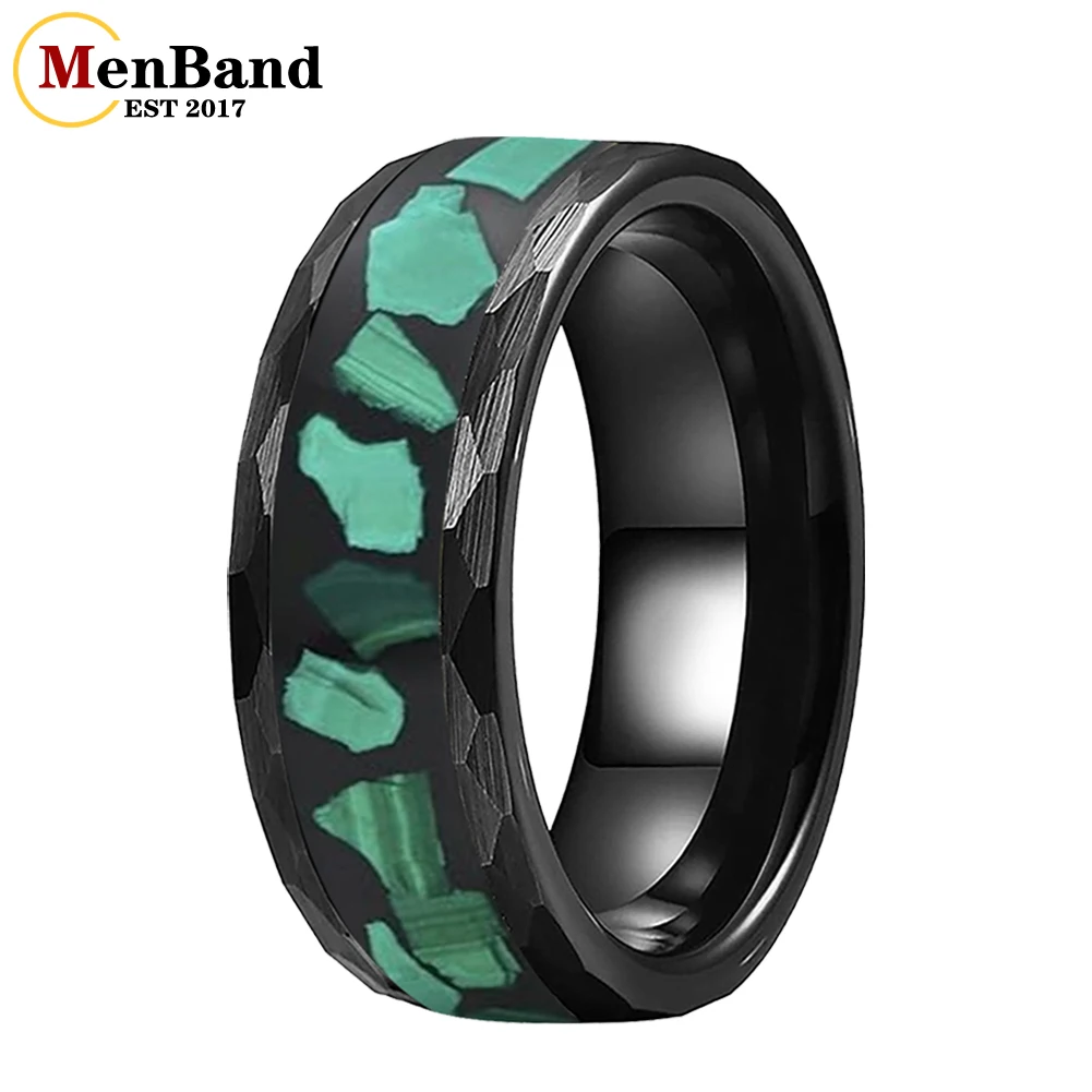 

MenBand Hammered 8MM Green Malachite Stone Inlay Tungsten Wedding Rings Bands Anniversary Ring Jewelry Gifts Free Engraved