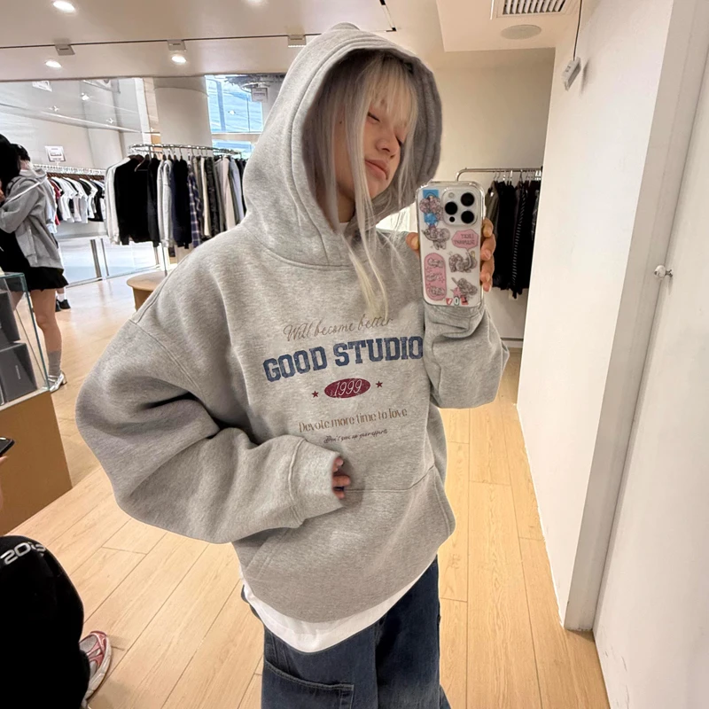 

American Retro Letter Print Velvet Hooded Sweatshirt for Men and Women 2025 Winter Loose Oversize Pullover Hoodie Streetwear Y2k