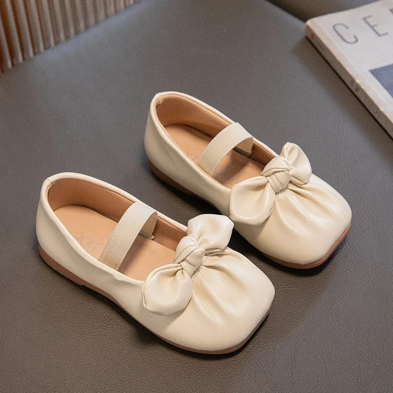 Girls Leather Shoes for Party Wedding Children Princess Shoes with Bow-knot Little Kids Square Head Elastic Band Flats Shoes