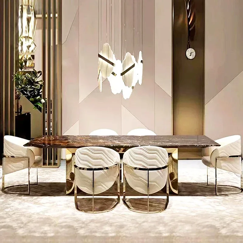 Stainless steel microfiber leather leather Italian light luxury living room dining table dining chairs comfortable high