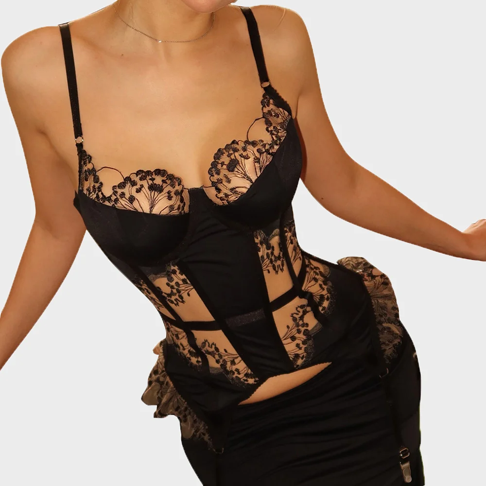 women-sexy-floral-embroidered-shapewear-underwire-corset-bustier-garter-straps-sheer-mesh-vintage-royal-elegant-lingerie