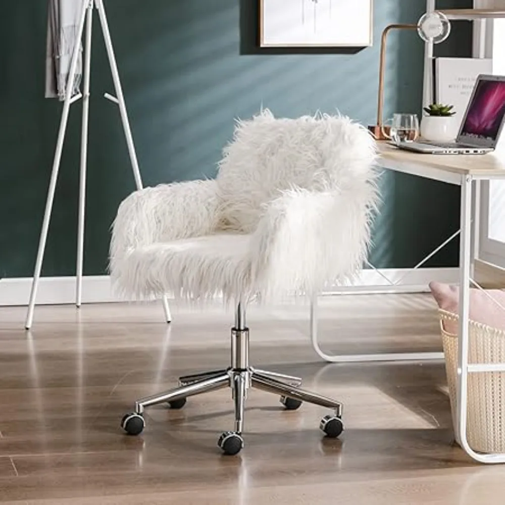 Fluffy Office Desk Chair, Faux Fur Modern Swivel Armchair with Wheels, Soft Comfy Fuzzy Elegant Accent Makeup Vanity Chairs