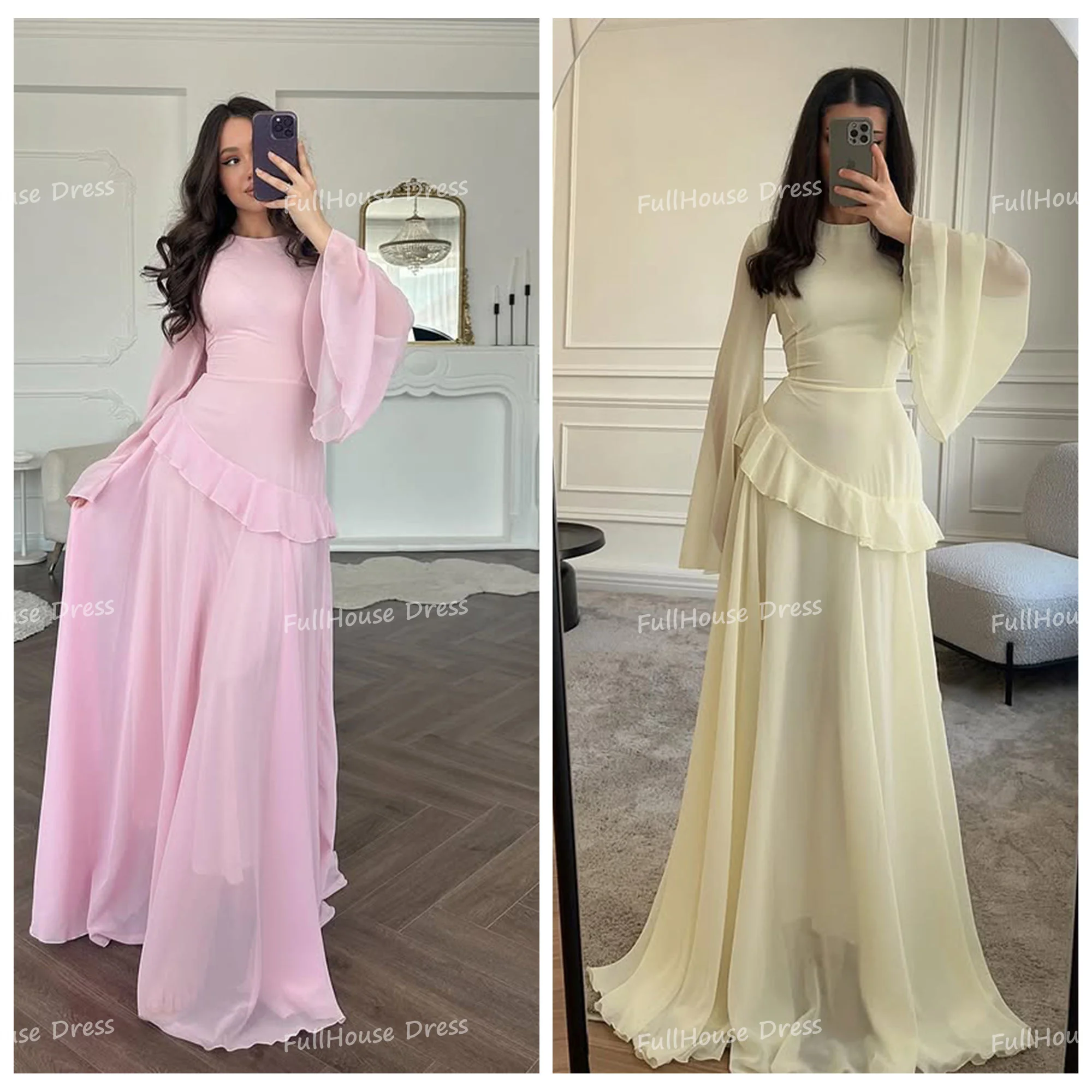 

Custom Made Classic O-neck Flowing A-line Draped Floor Length Long Puff Sleeve Evening Gown Flowing Pleated Bridal Prom Dress