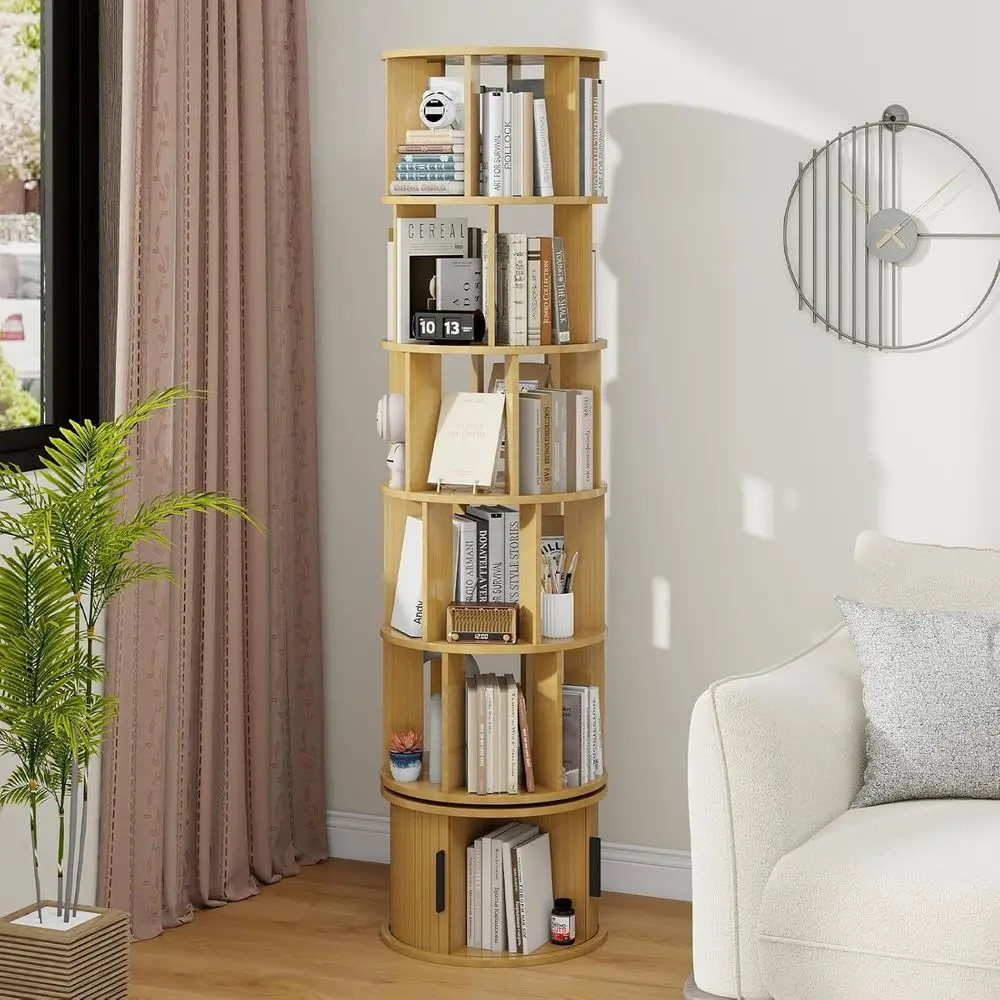 

6-Tier Rotating Wooden Bookcase, 360° Spinning Organizer for Small Spaces, Suitable for Living Room, Bedroom, Study, Office, Nat