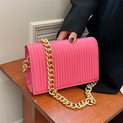 CGCBAG-PU Bolsa de Ombro de Couro para Mulheres, Crossbody Bags, Corrente Grossa, Sólida, Simples, Luxo, Qualidade, Feminino, Moda, 2022