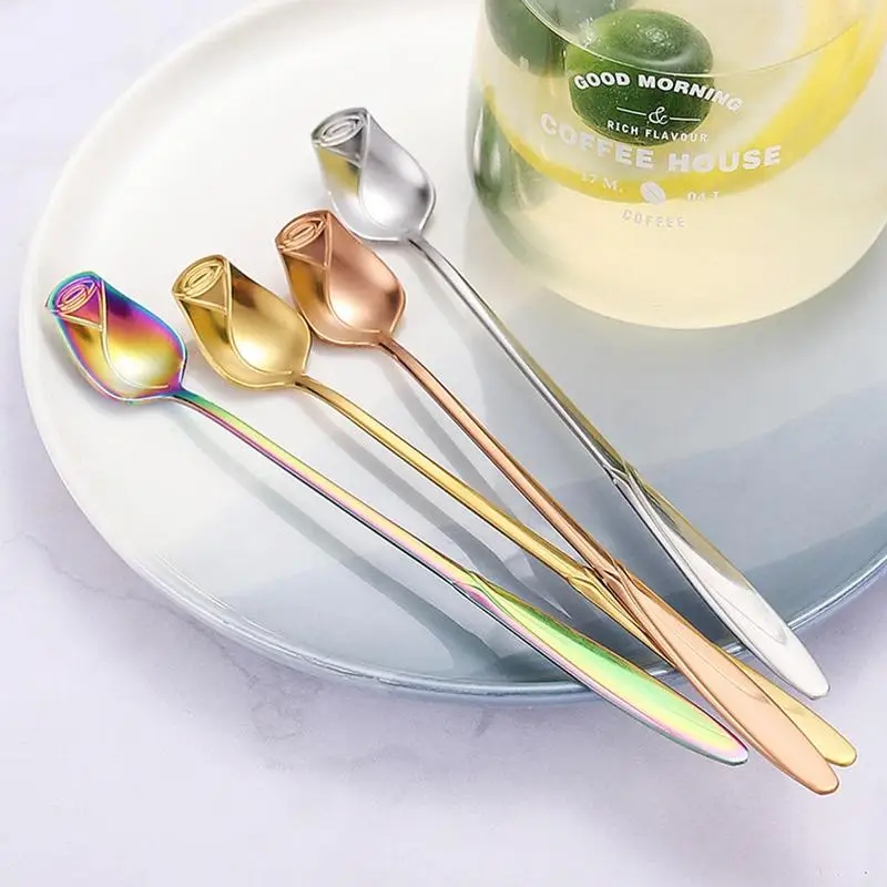 Stainless Steel Spoon Stainless Steel Tea Dinner Silverware Spoons Integrated Long Handle  Creative Rose Shape Spoons No Fading