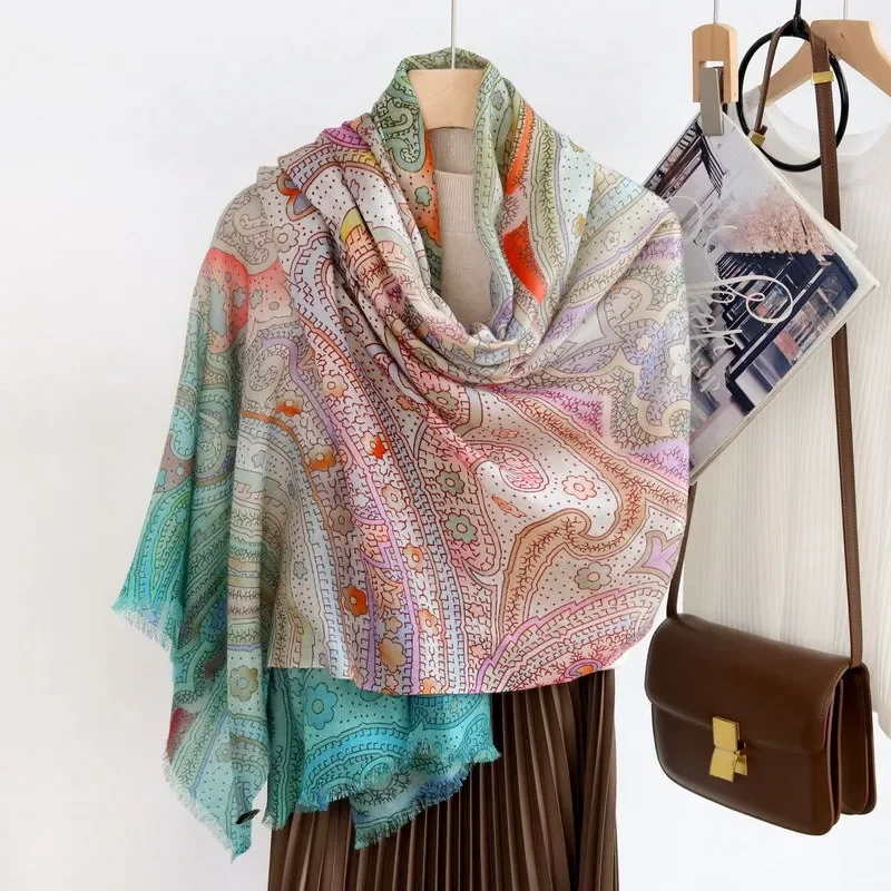 High-end Elegant Women Fine Dream Gradient Cashew Flower Print Quality Water Soluble Wool Handmade Fringe Soft Warm Long Scarf