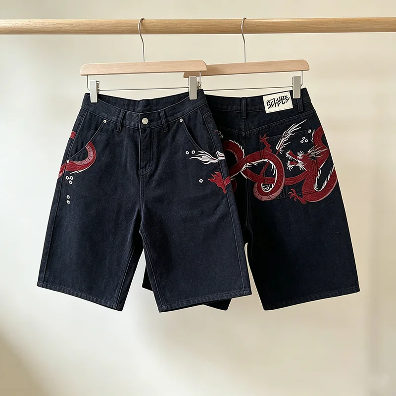 2026 New Arrival DERSCHUTZE Streetwear Knee Length Bottoms Men Traditional Chinese Twin Dragon Embroidery Dark Navy Shorts