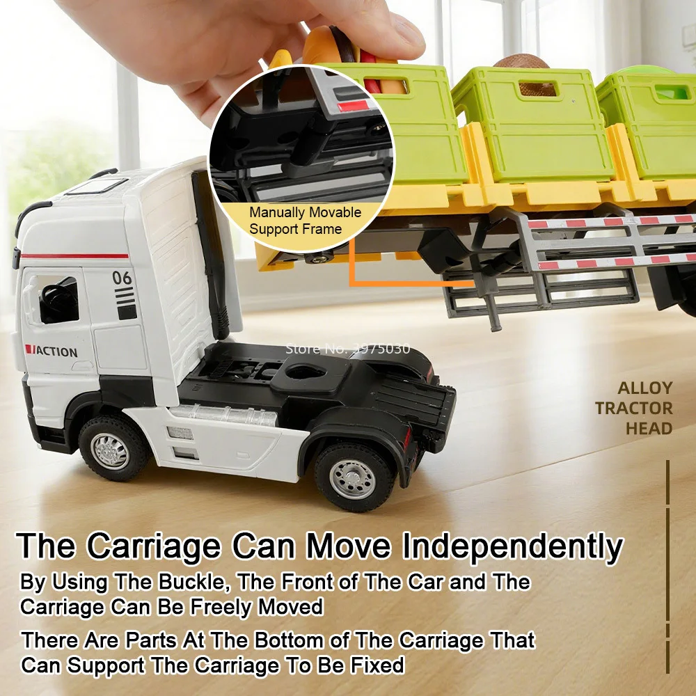1:32 Alloy Trailer Transport Vehicle Cars Diecast Models Toys with Light Sound Wheel Pull Back Miniature Car Kids Birthday Gifts
