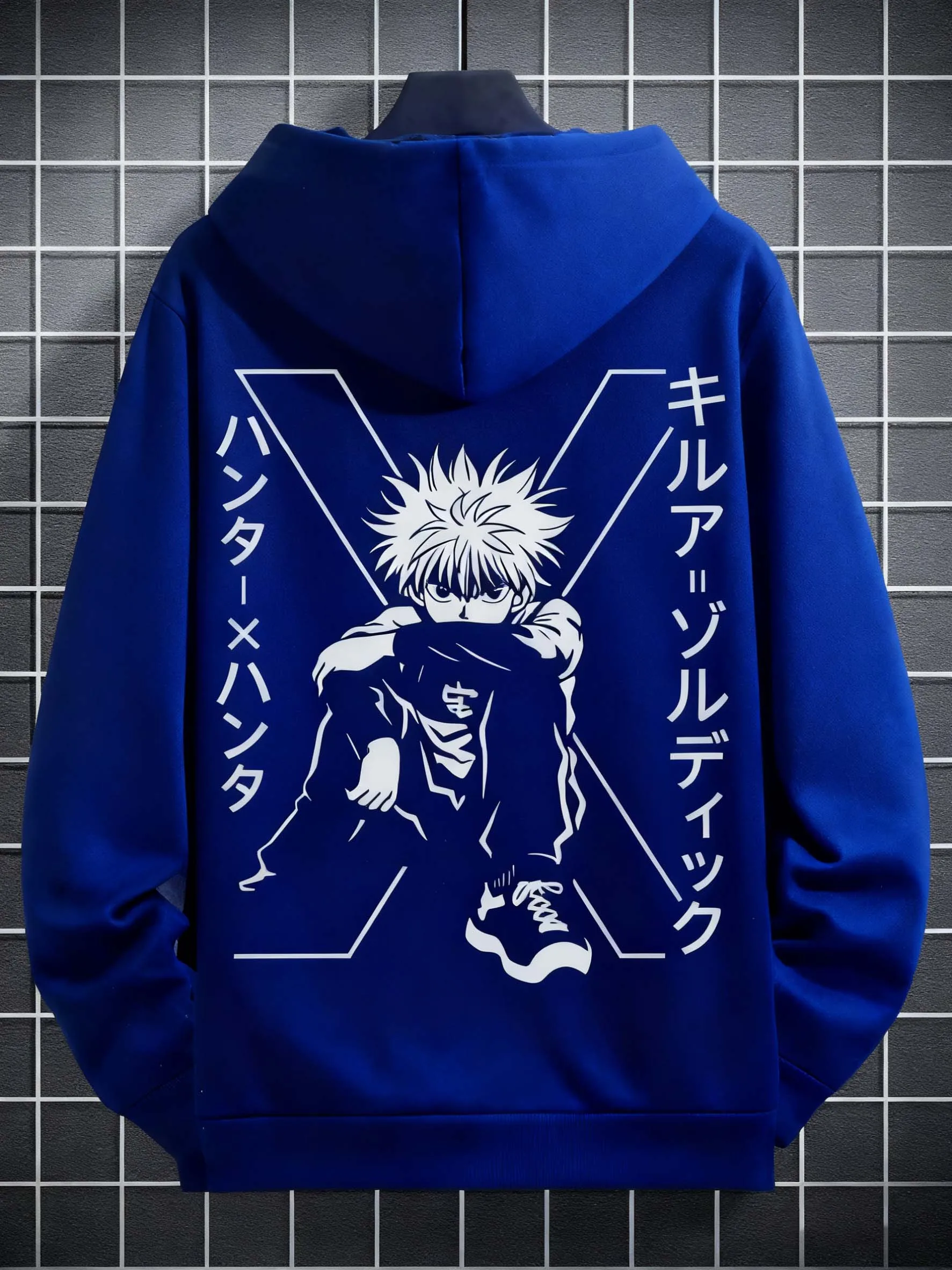 هوديي بنمط شخصية الرسوم المتحركة للرجال، بلوفر كاجوال بنص ياباني، ملابس عصرية ناعمة للشارع