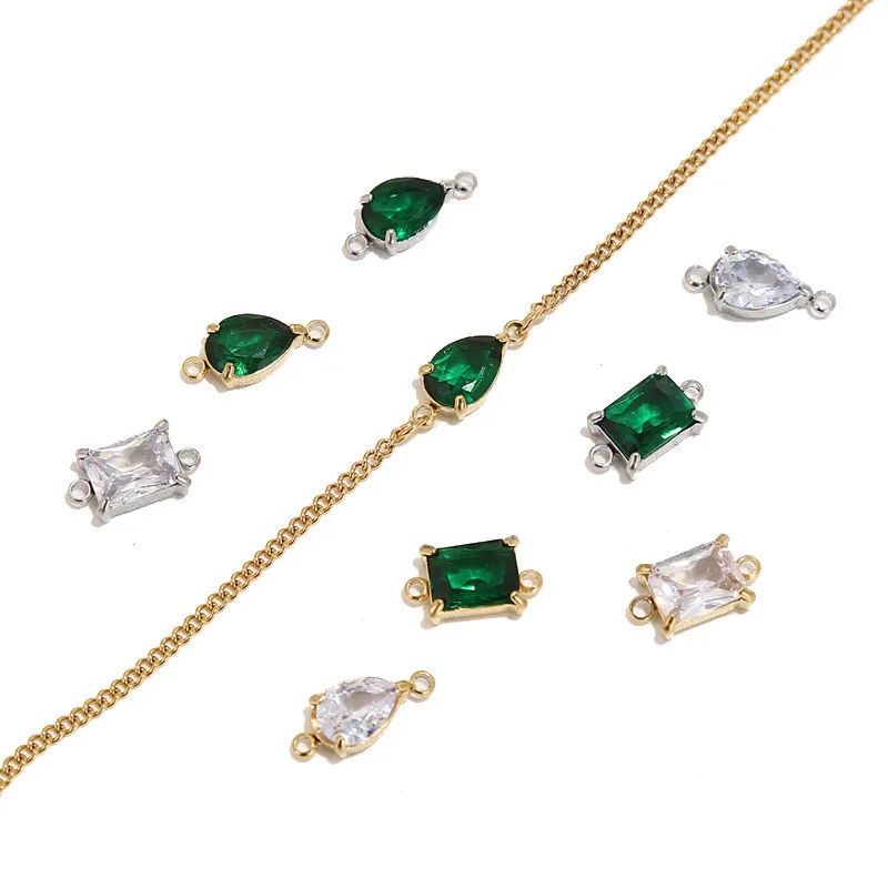 4PCS Stainless Steel Rhinestone Square Drop Link Connector Charms Bulk With Double Hole For DIY Necklace Bracelets