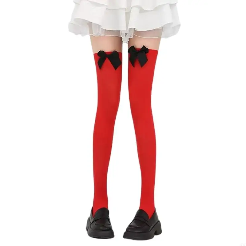 L5YC altas hasta muslo rojas para mujer con lazo, navideñas por encima rodilla, disfraces Halloween,