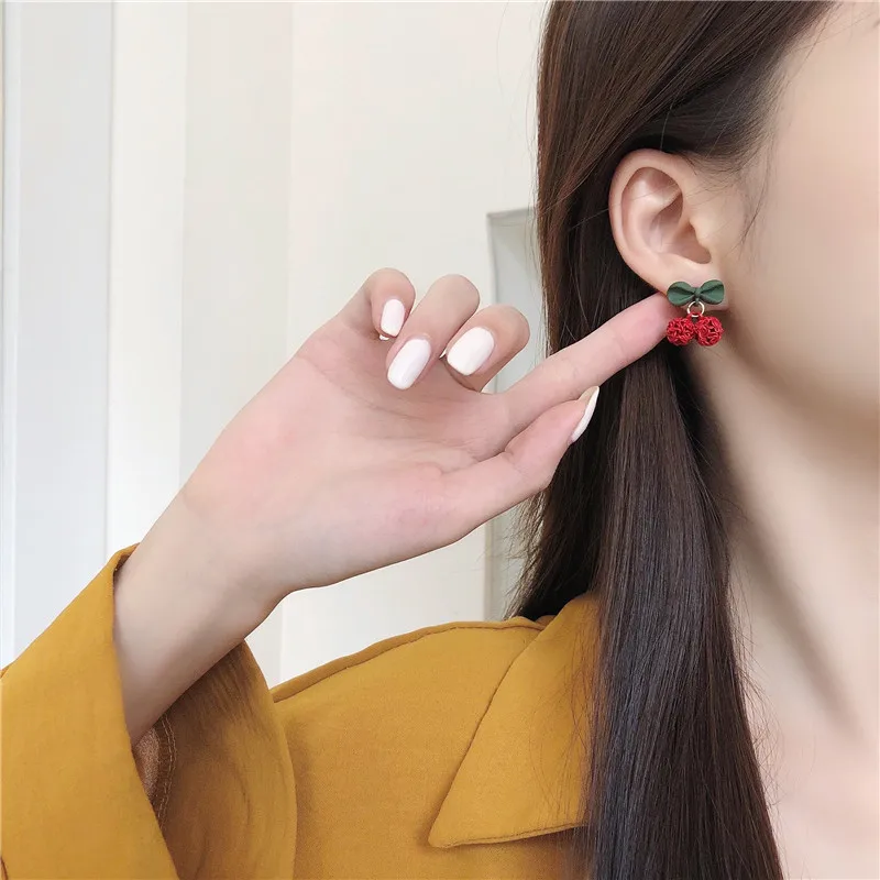 Jea. Angel New Arrival Bowknot Earring Fashion Geometric Silver Color Sweet Cherry Earring For Woman BIrthday Party Jewelry Gift