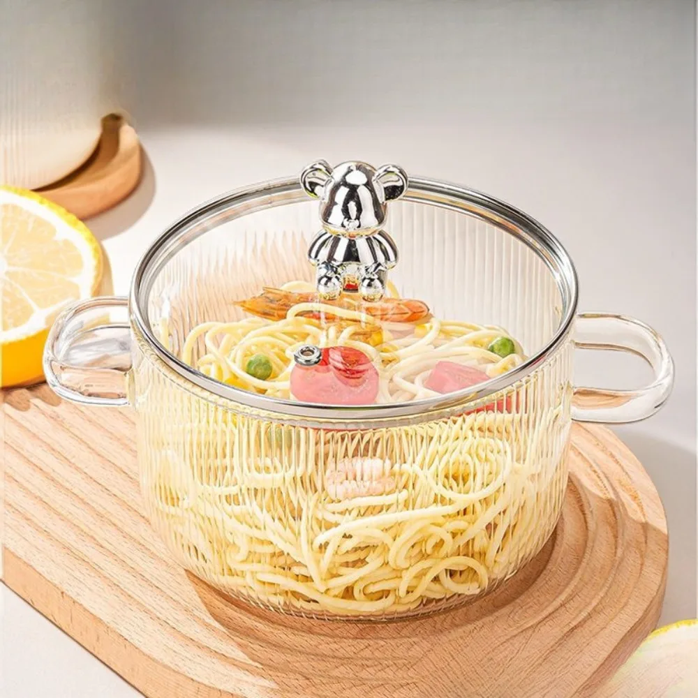 Transparent Bear Glass Saucepan Heat Resistant Large Capacity Cooking Pot With Lid Binaural Handle Ramen Bowl Porridge