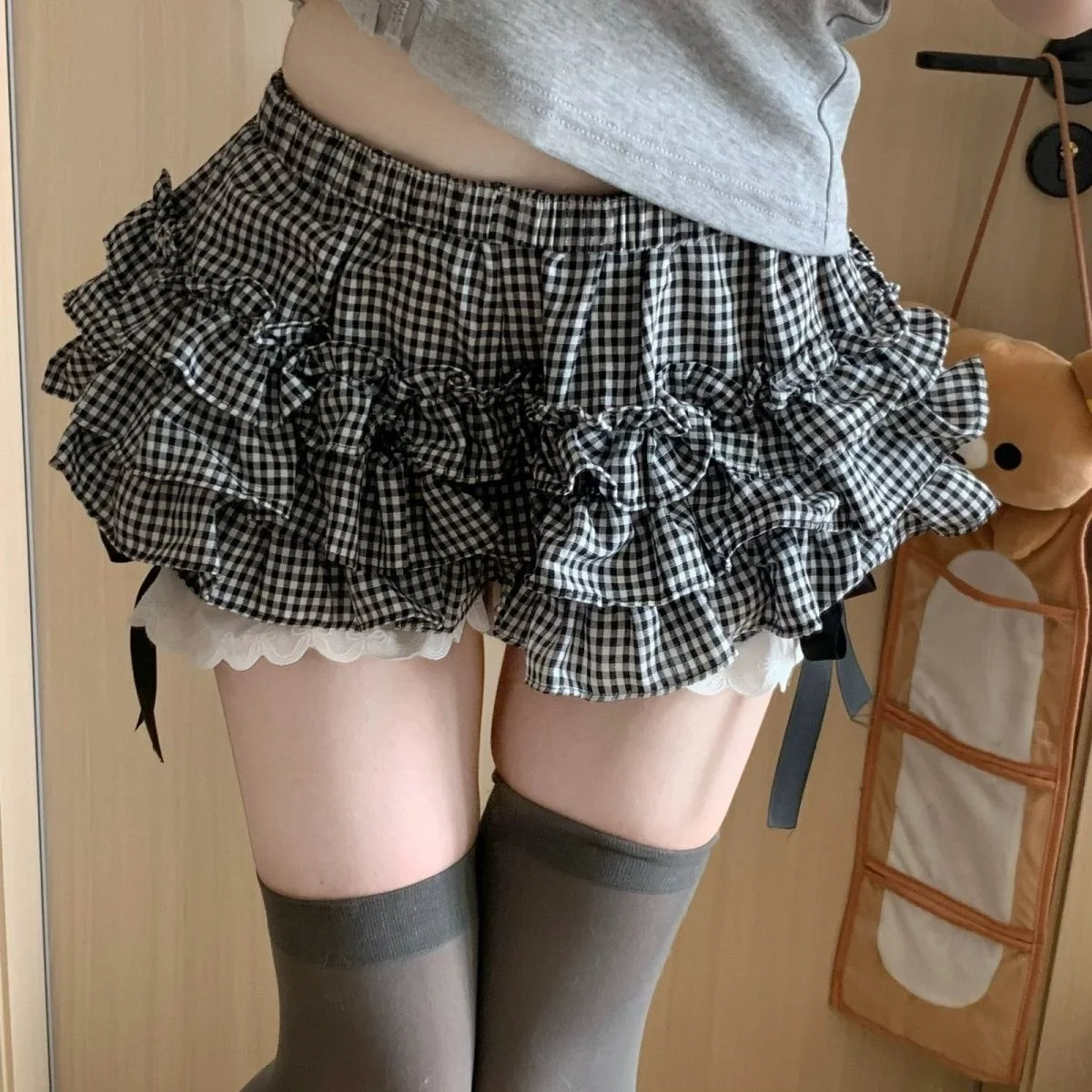 Japanese Y2K Harajuku Hot Girl Black and White Checkered Bow Elastic Waist Pants Summer New Trendy Versatile Lace Pants Skirt